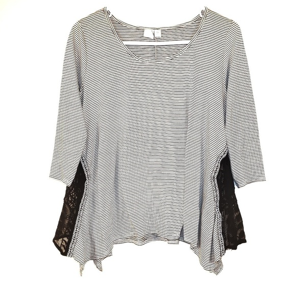 Francesca's Black and Gray Striped Lace Panel Top - Picture 1 of 5